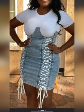Blanc Clothing Light Blue Lace-Up Denim Mini Dress Size M Stretch
